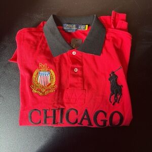 Ralph Lauren Red Polo Shirt with Black Collar and Chicago Crest